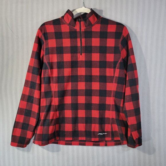 Eddie Bauer Womens Flannel jacket Large Red Black Plaid 1/4 Zip Up Pullover - Picture 1 of 8